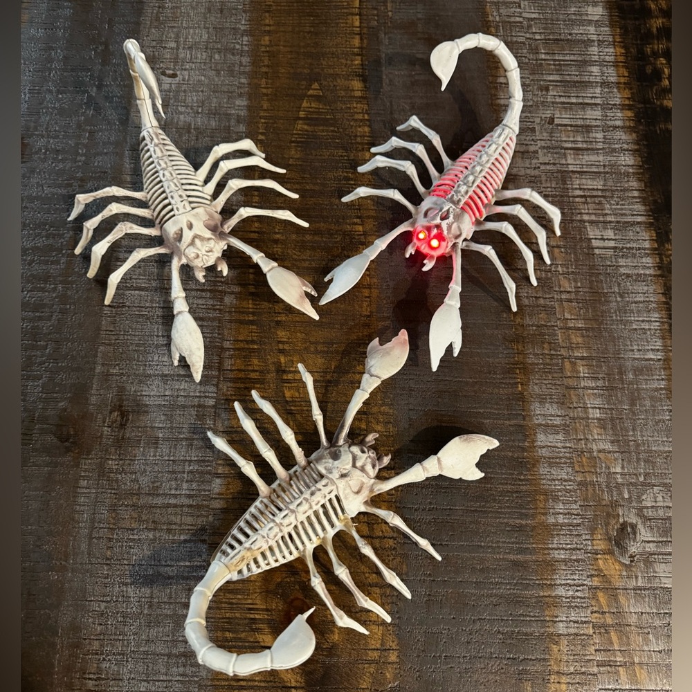 3 Skeleton Scorpions one Lights Up approximately 8 inches long without tail
